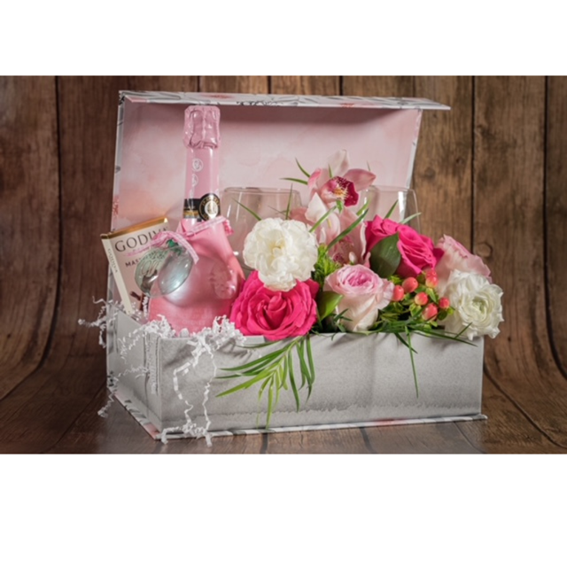 Caja decorativa con arte floral + botella de champage pequeña